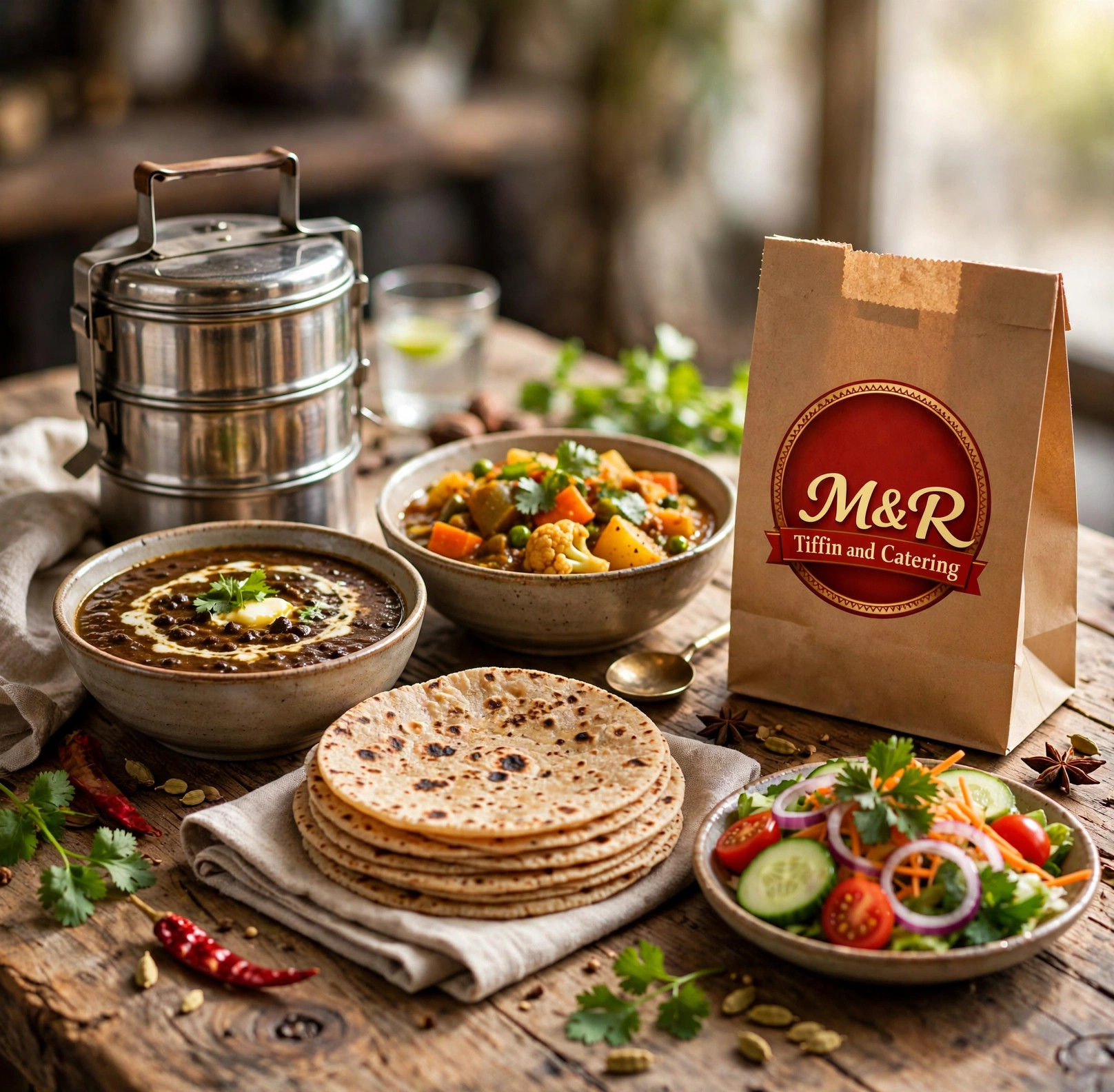 Tiffin carrier with dal, vegetable curry, rotis, salad and an M&R takeout bag